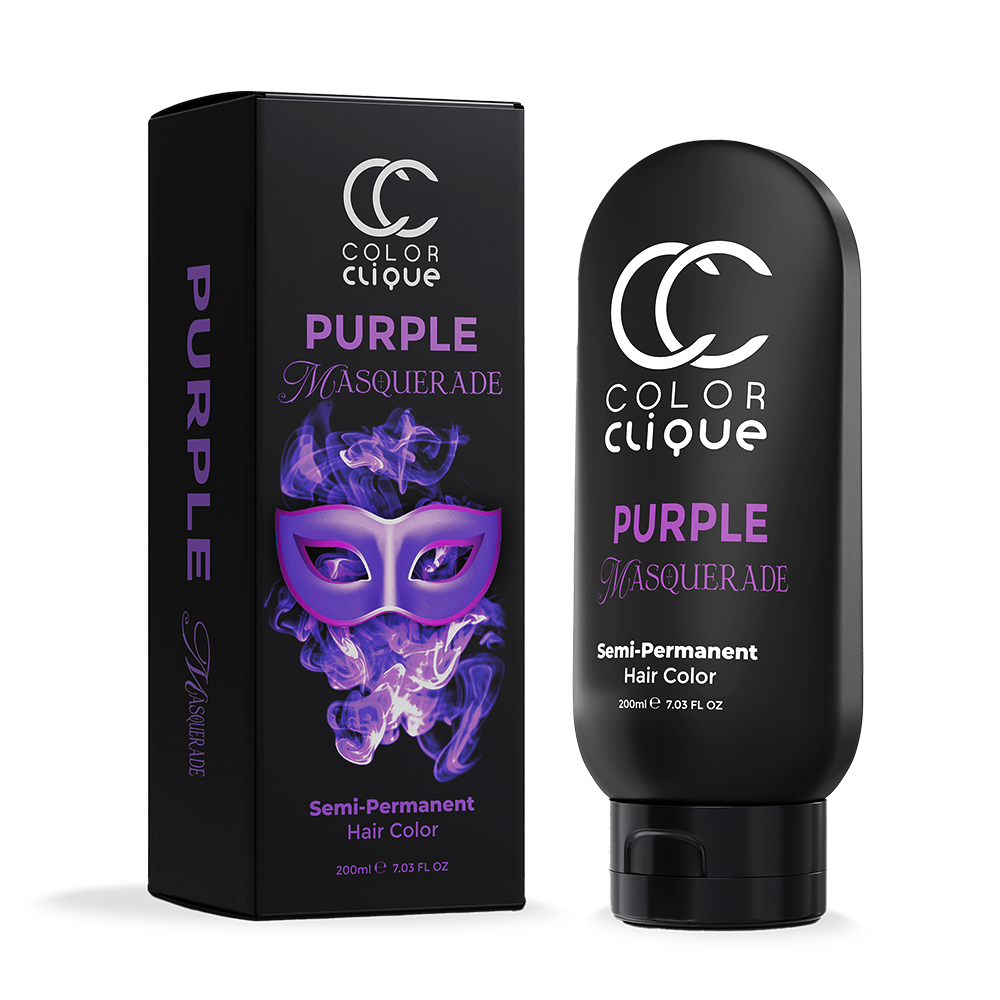 Purple hair dye box and bottle for Color Clique purple masquerade semi permanent hair dye. Hair color clique, a New Orleans brand.