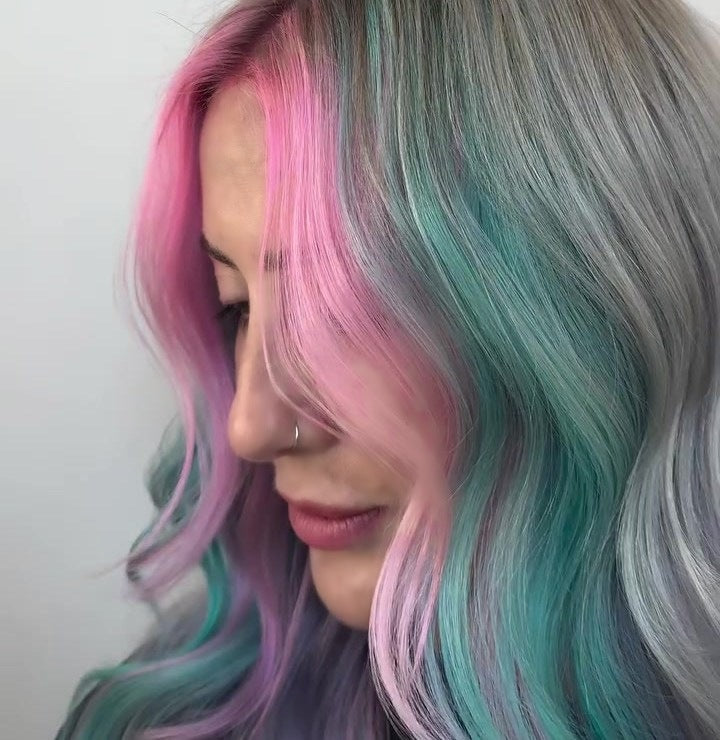 Pastel star pattern hair color created with the Color Clique 4 Pack Collection, pink teal and silver waves by colorist Helena Brookes