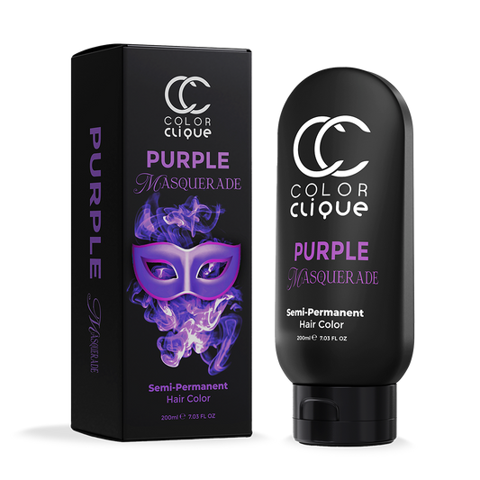 Purple hair dye box and bottle for Color Clique purple masquerade semi permanent hair dye. Hair color clique, a New Orleans brand. 